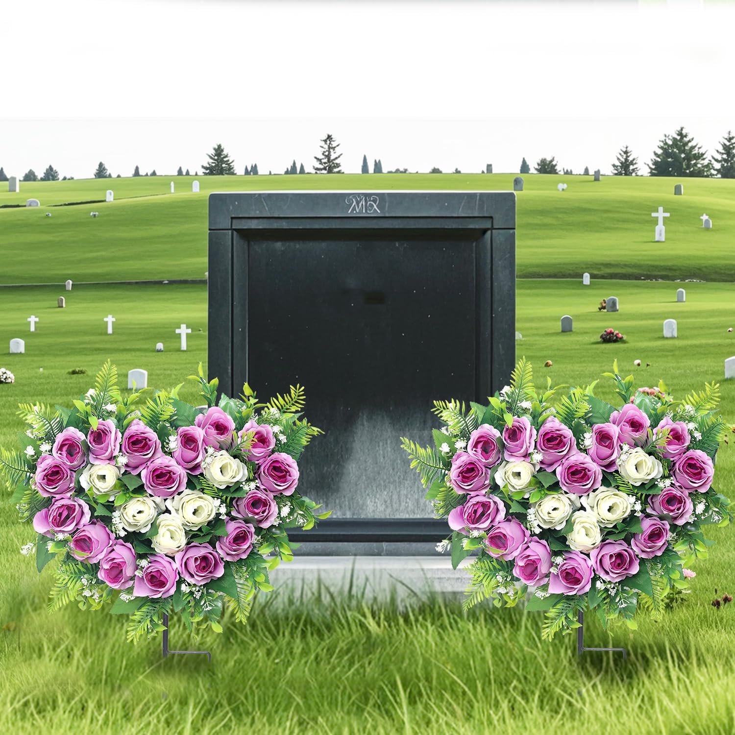 2 Sets Artificial Cemetery Flowers, Grave Memorial Flowers with Ground Spike,Heart Shaped Wreaths Rose Flowers for