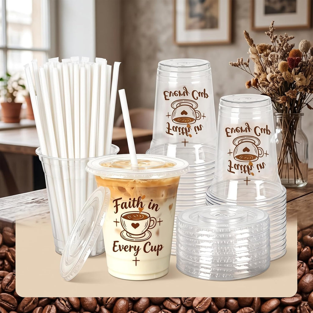 50 Count 16 oz compostable cold drink cups with lids and straws, plant-based PLA disposable tasting cups for juice