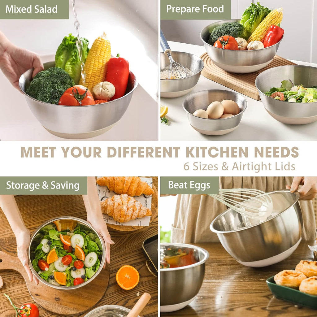 Mixing Bowls with Airtight Lids, 6 piece Stainless Steel Metal Nesting Storage Bowls, Non-Slip Bottoms Size 7, 3.5