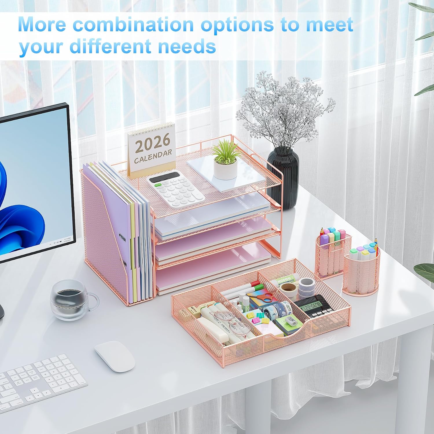 Desk Organizers and Accessories with File Holder, 4-Tier Desk Accessories & Workspace Organizers with Drawer and 2
