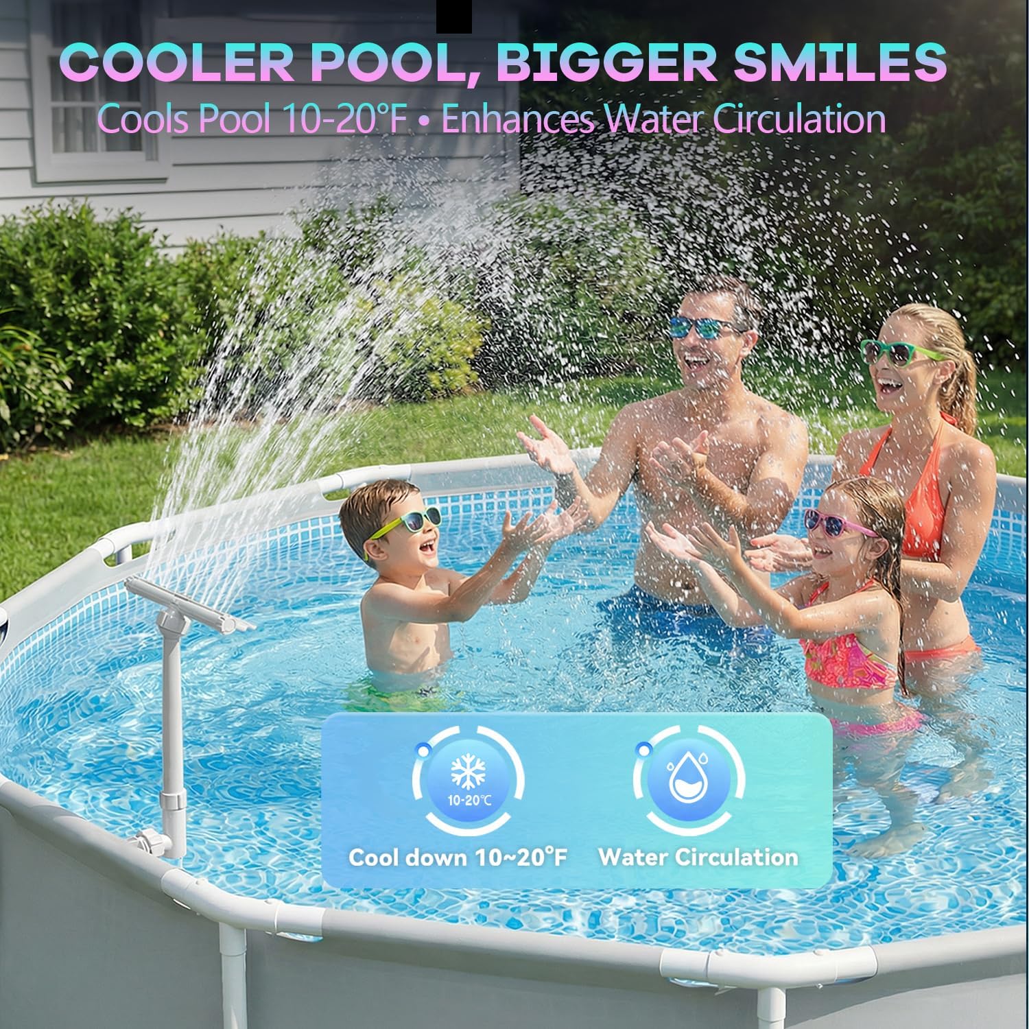 Solar Pool Fountain for Above Ground Pools and Inground Pools | Solar & USB-C Dual Charging, 9-Color Auto-Sensing