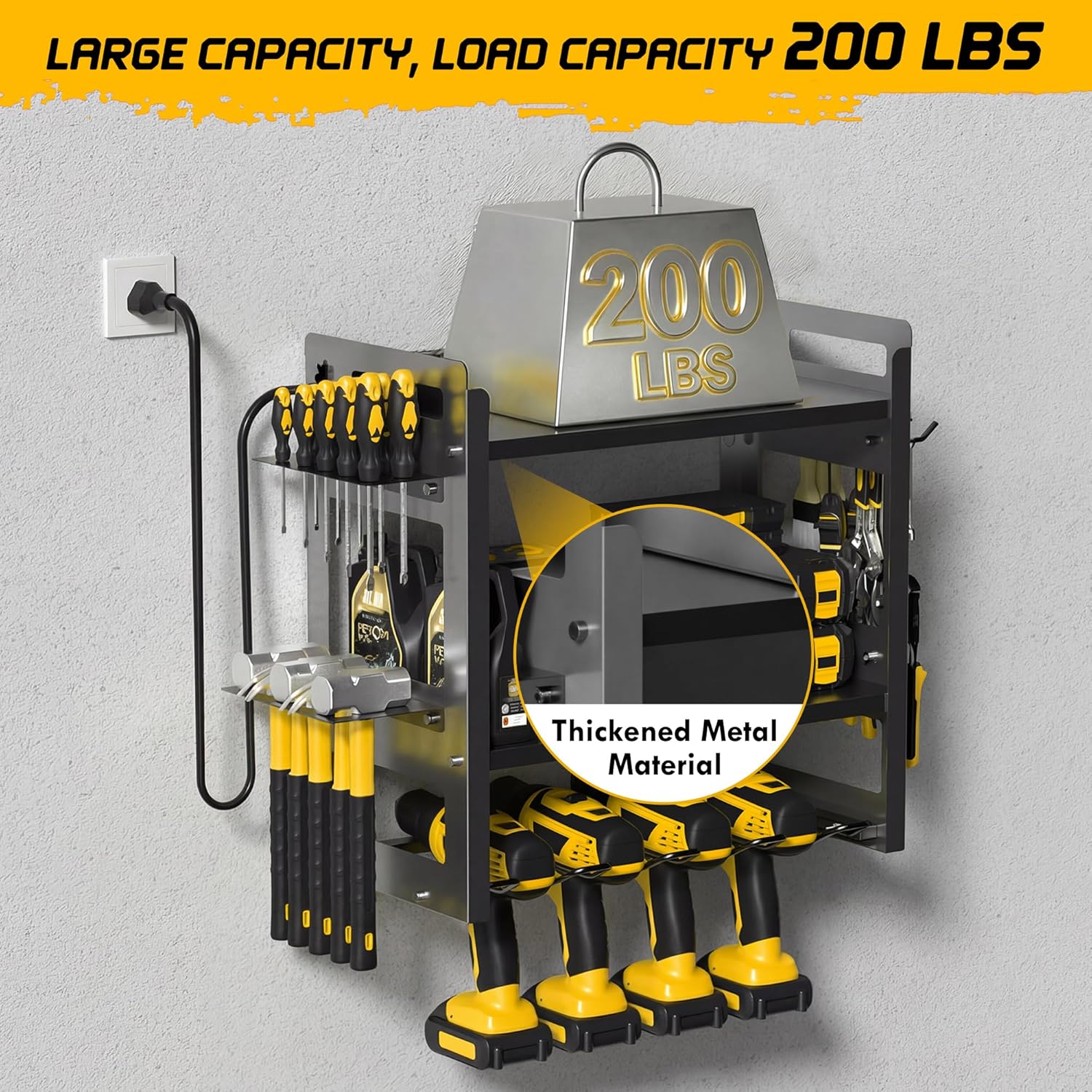Power Tool Organizer Wall Mount with Charging Station, 3-Tier Heavy Duty Metal Tool Rack with 4 Drill Holders and 6FT