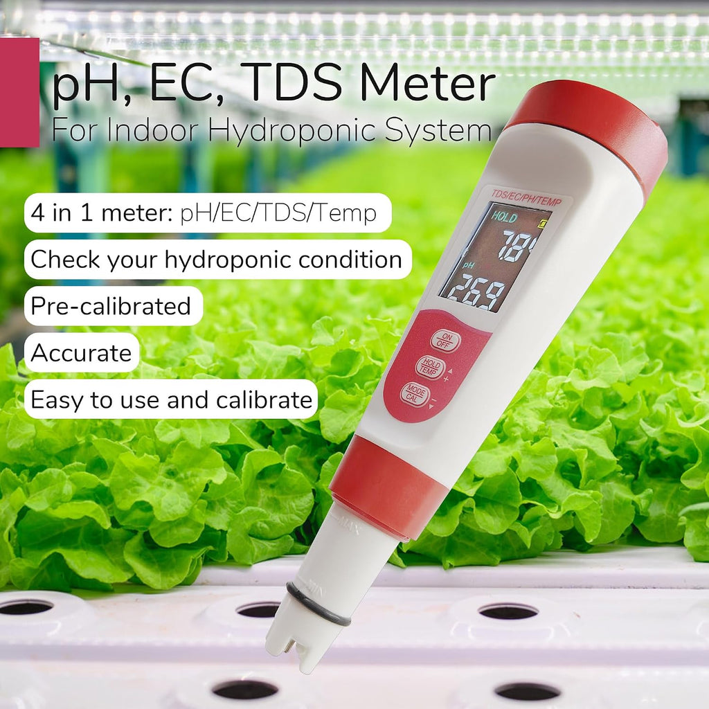 4-in-1 pH Meter TDS EC Meter for Hydroponics Growing System, Digital Water pH Tester for Hydroponic Nutrient Plant
