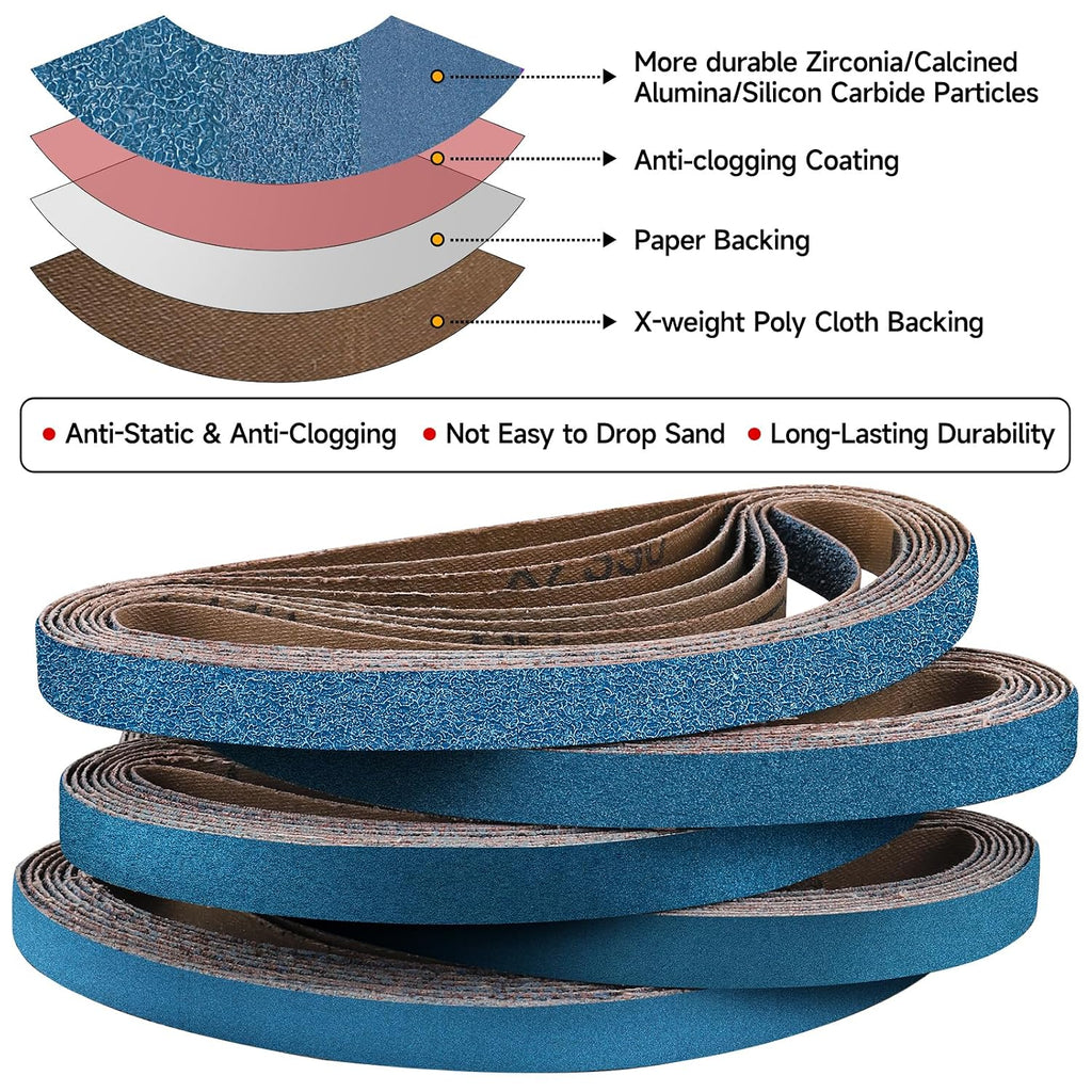 12-Piece Premium 1 x 42 Inch Zirconia Sanding Belts 40-400 Grit