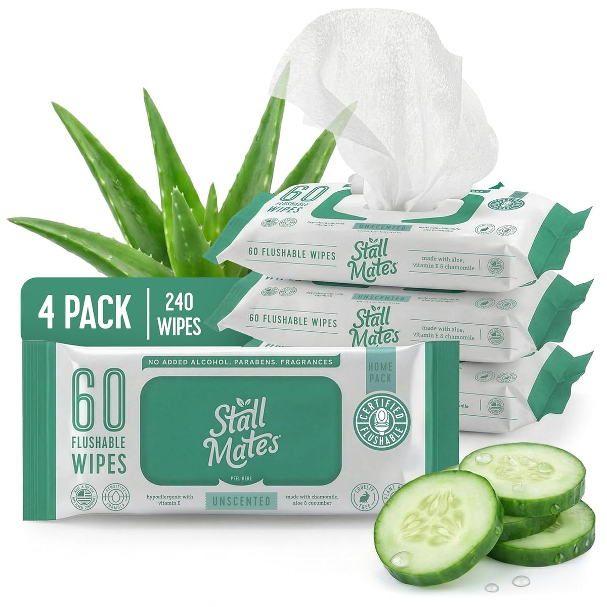 Flushable Wipes, 60-Wipe Home Pack, Unscented, 4 Pack