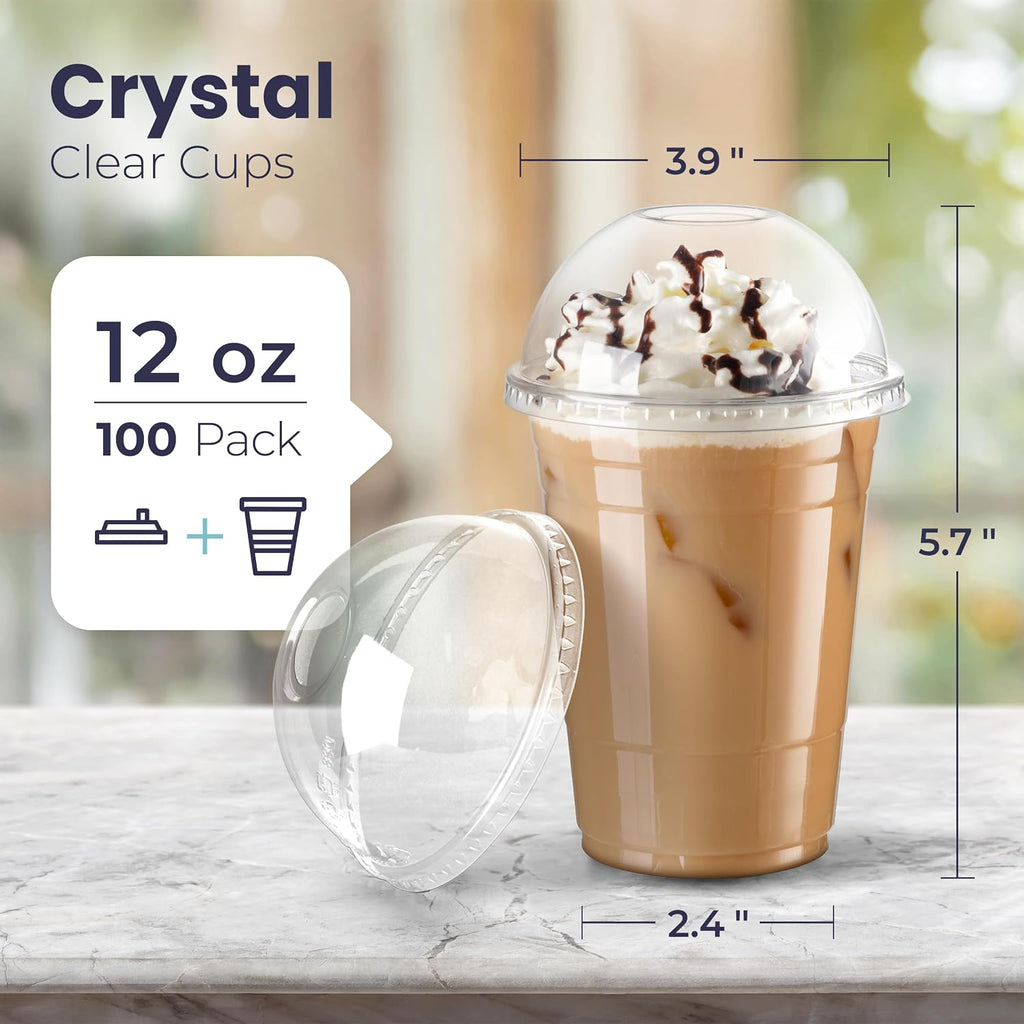 100 Pack 12 oz Disposable Plastic Coffee Cups with Dome Lids, To Go Iced Coffee Cups with Lids, BPA Free Clear