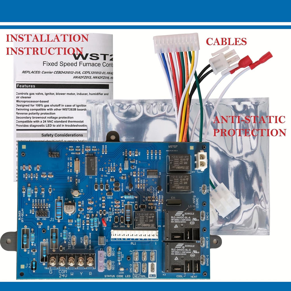 Furnace Control Board Fits Carrier HK42FZ004, HK42FZ007, HK42FZ008, HK42FZ009, HK42FZ011, HK42FZ013, HK42FZ016, HK42FZ034 Series Furnace Control Board Module, ICM282B