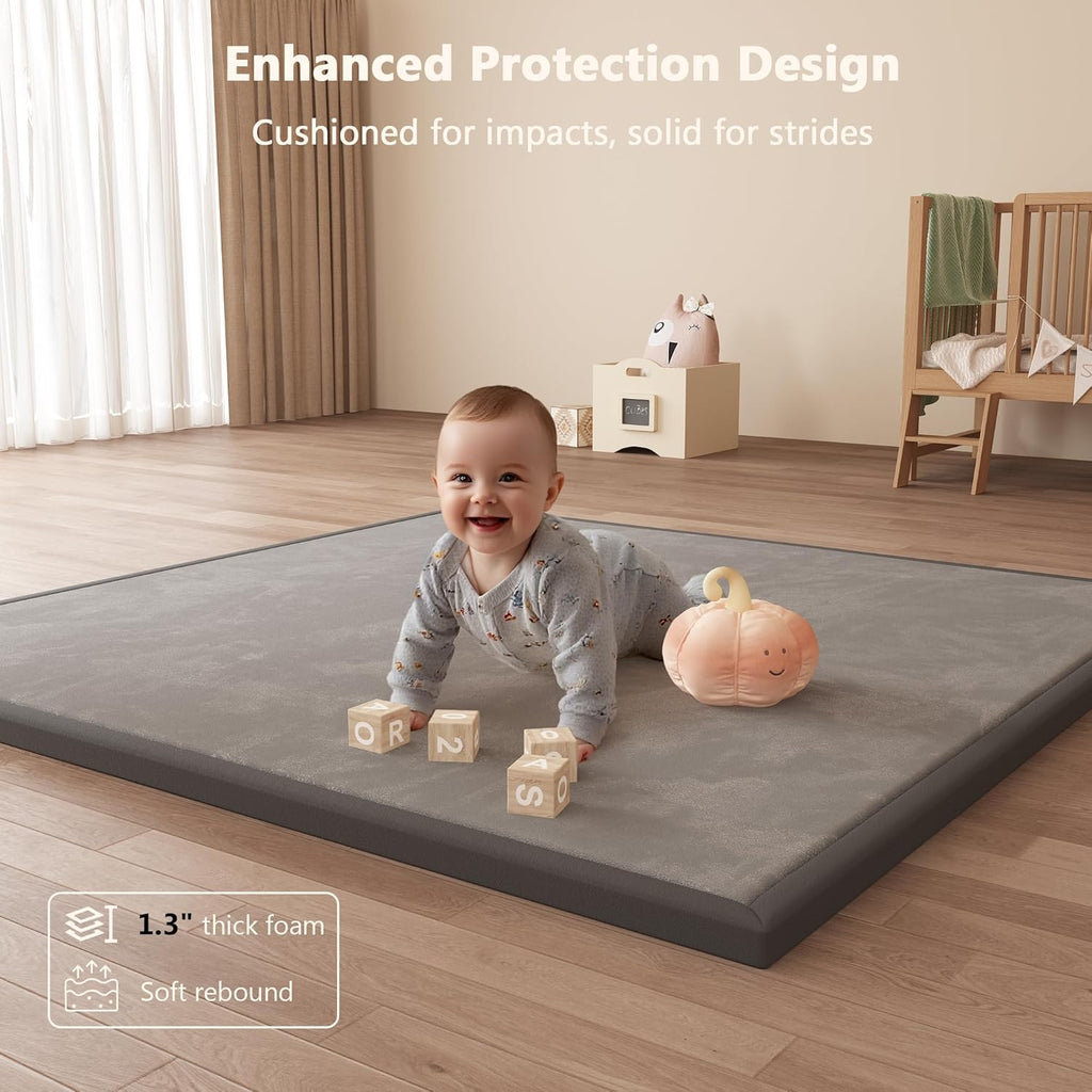 Baby Play Mat for Floor, 1.3'' Thick Memory Foam Tummy Time Mat - Super Soft Coral Velvet Nursery Rug with Non-Slip