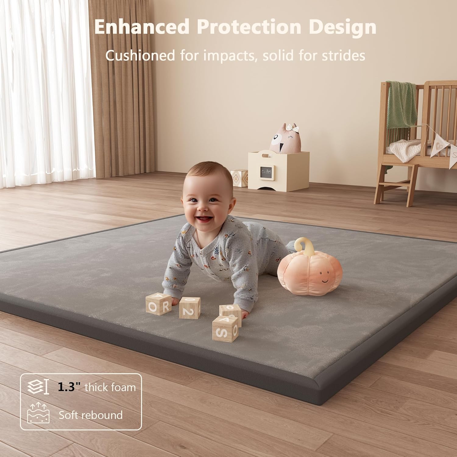 Baby Play Mat for Floor, 1.3'' Thick Memory Foam Tummy Time Mat - Super Soft Coral Velvet Nursery Rug with Non-Slip