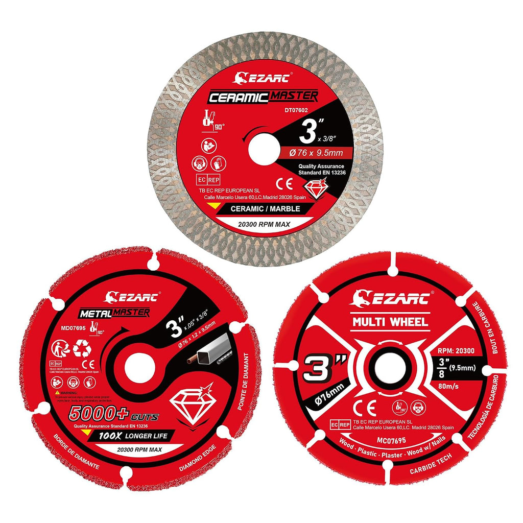 EZARC 3 Inch Cut Off Wheel Set for Metal, Wood, Tile, 3/8" Arbor, 3-Pack