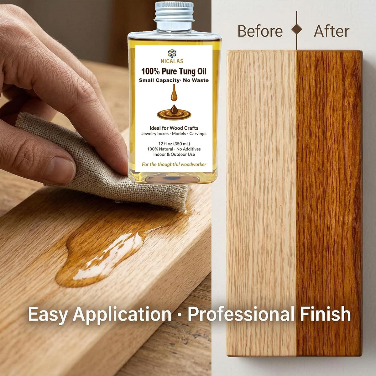 Pure Tung Oil 12oz, Natural Wood Finish for Furniture & Floors