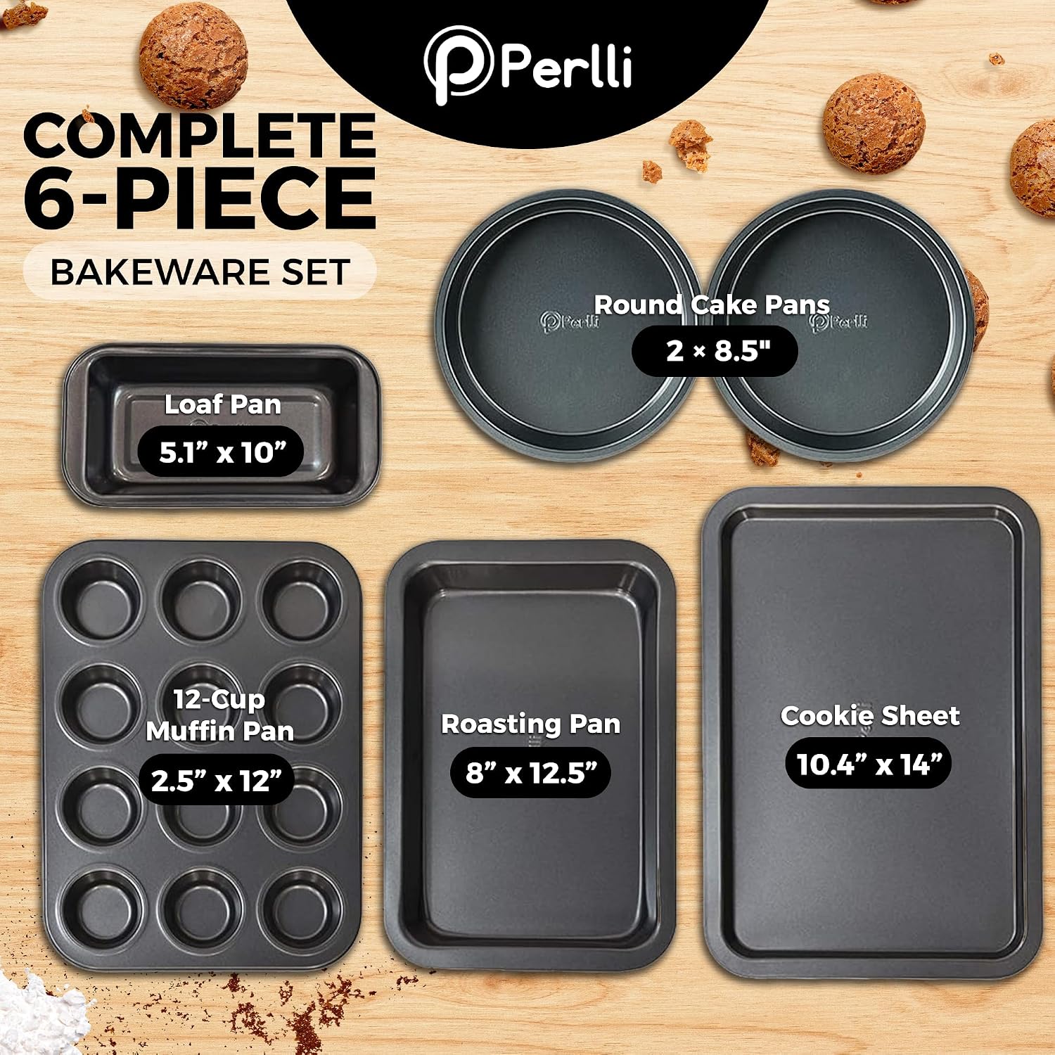 Non-Stick 6-Piece Bakeware Set – Carbon Steel with Even Heat Distribution, Oven Safe to 446°F, BPA-Free, Dishwasher