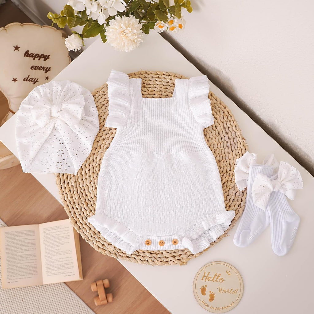 Baby Girl Ruffle Knit Romper Outfit Set, Sleeveless Knitted Bodysuit with EyeletBow Turban Headband and Bow Socks
