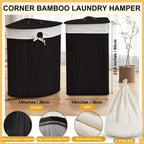 Corner Bamboo Laundry Hamper with Lid, Black, Vertical Slatted