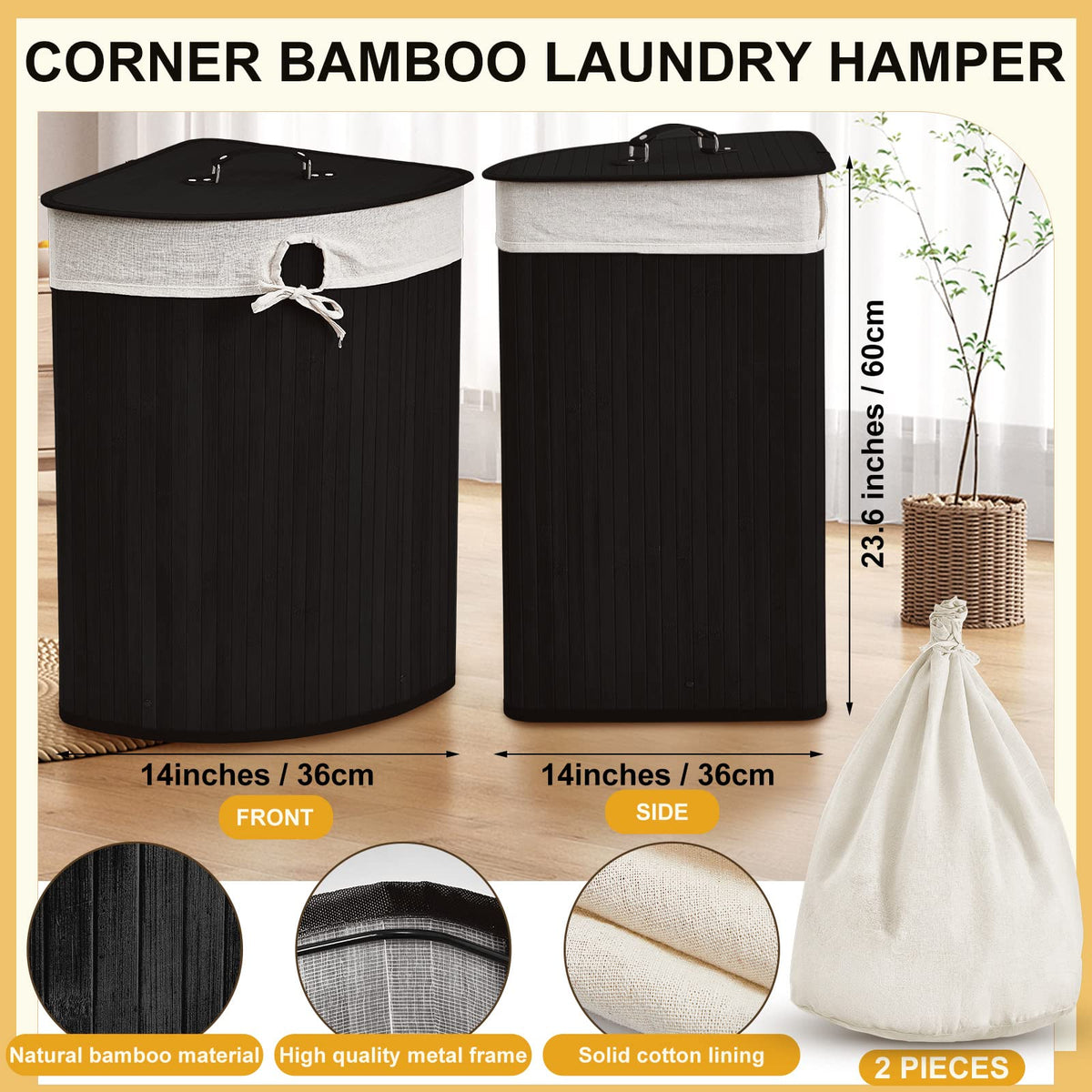 Corner Bamboo Laundry Hamper with Lid, Black, Vertical Slatted