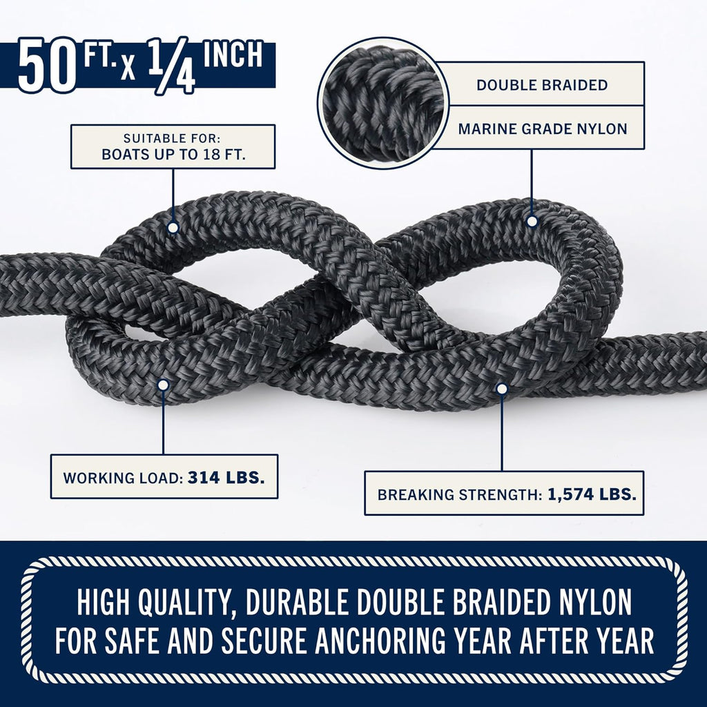 RainierSupplyCo Boat Anchor Rope - Double Braided Marine Rope Anchor Line - 50 ft x 1/4 Inch Nylon Boating Line with