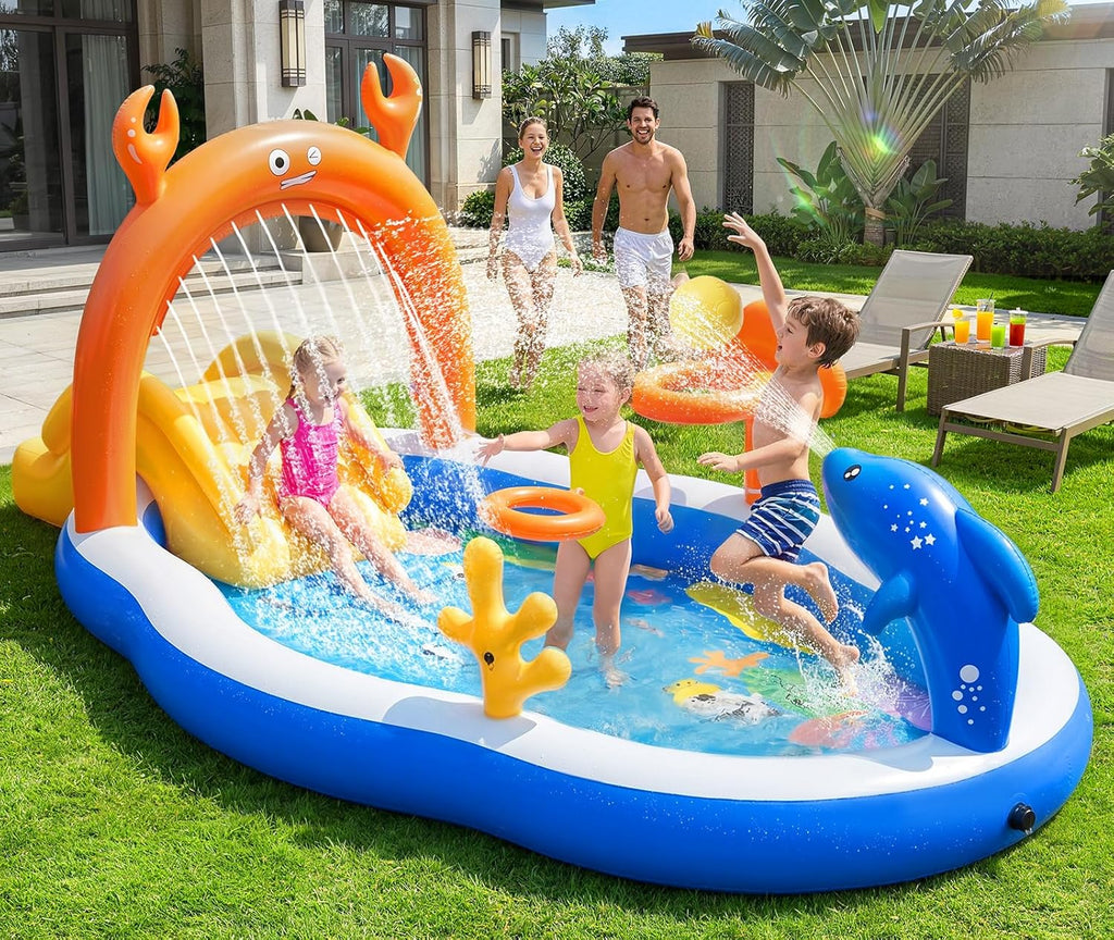 2026 Large Inflatable Play Center,Toddler Pool with Water Slide&Sprinkler,120"x70"x50"Inflatable Kiddie Pool with