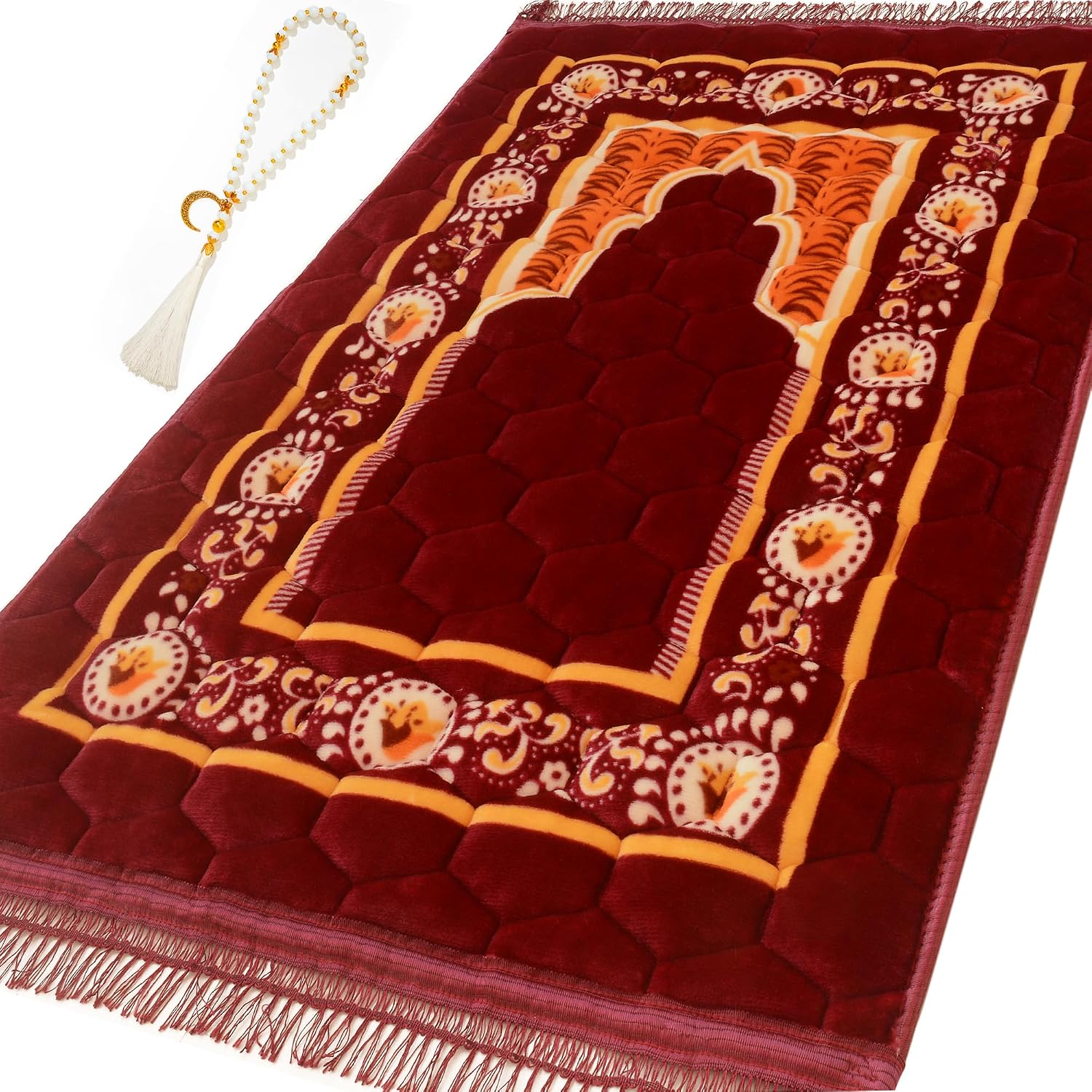 Prayer Rug Muslim Mat Islamic - Padded Very Thick Prayer Rug Sajadah for Men Women with Islam Prayer Beads, Soft and