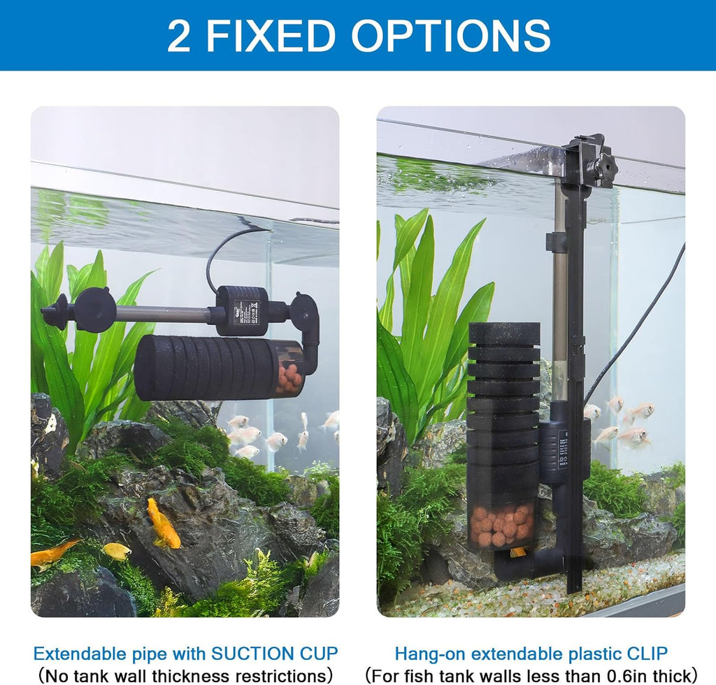 USB Single Sponge Filter, Small Aquarium Filter with Adjustable Hanging Clip and Suction Cup, Duckbill Outlet, Rain