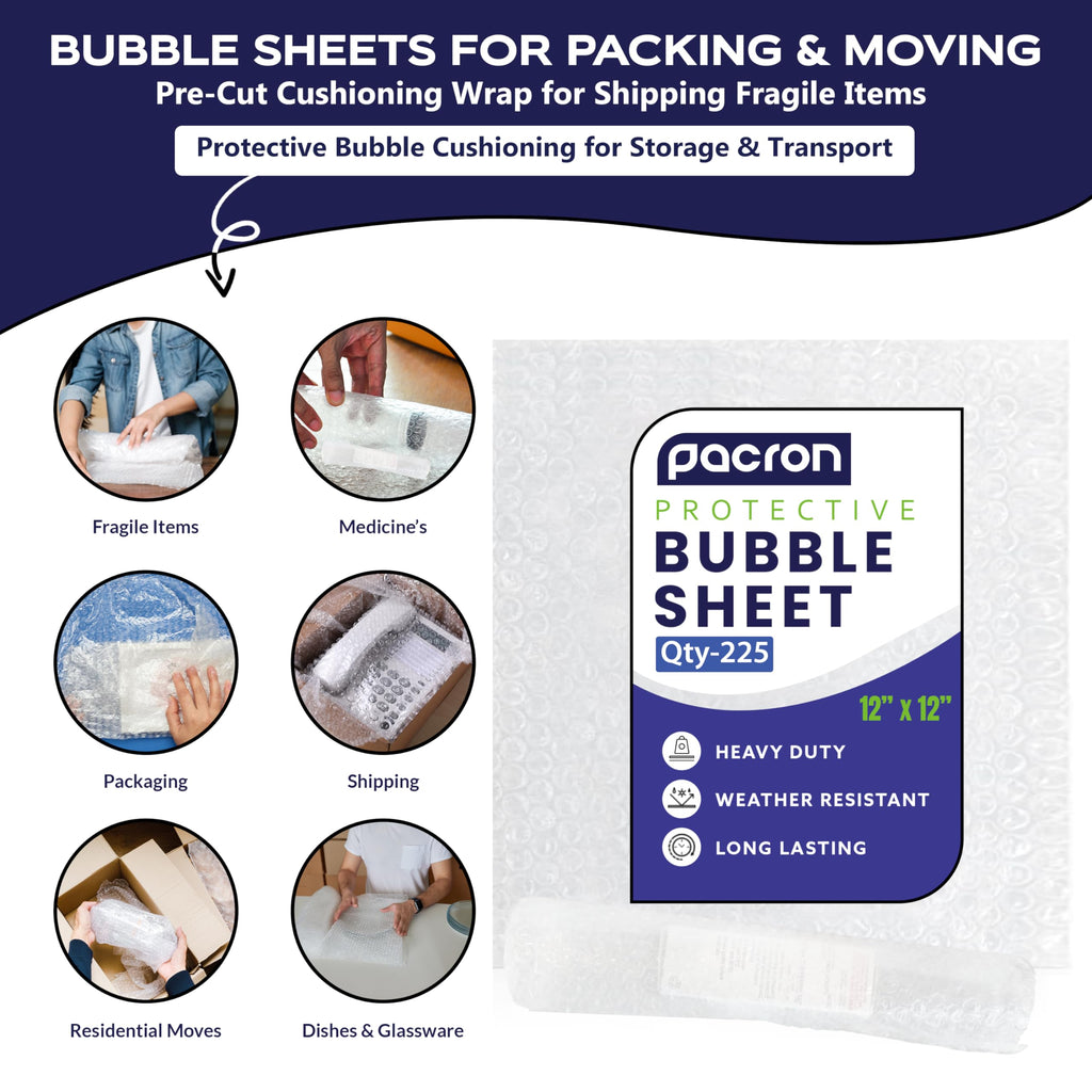 Bubble Cushion Sheets 12x12 – 225 Pack Pre-Cut Bubble Cushioning Sheets for Shipping Fragile Items – Protective