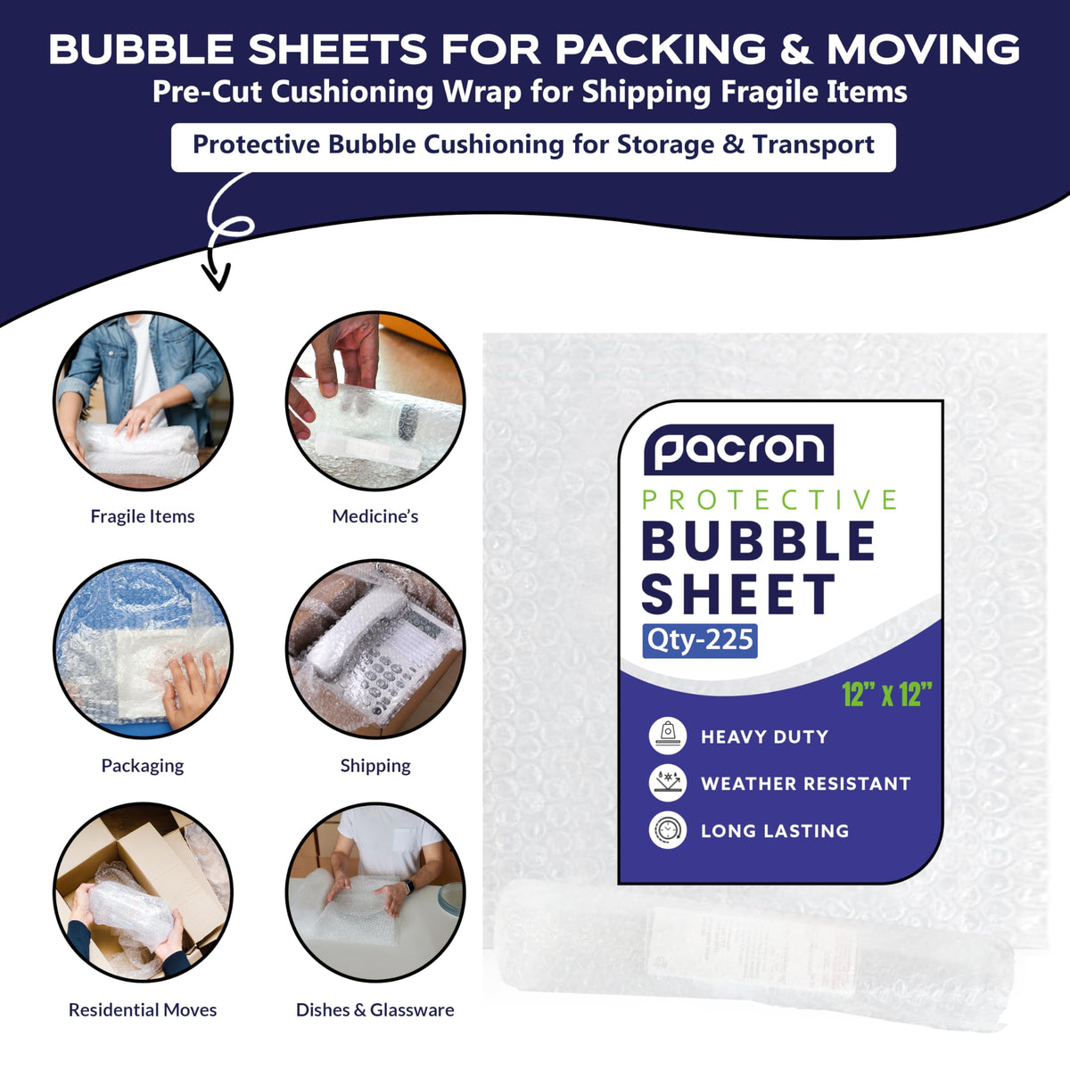 Bubble Cushion Sheets 12x12 – 225 Pack Pre-Cut Bubble Cushioning Sheets for Shipping Fragile Items – Protective