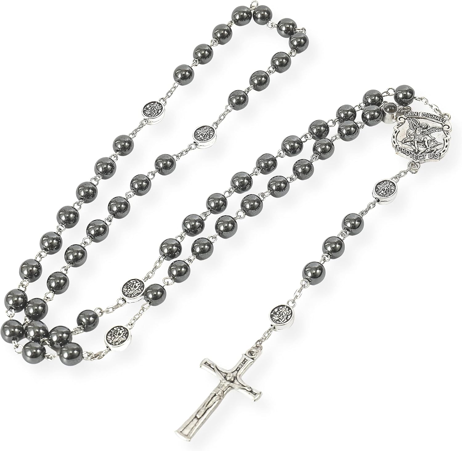 Nazareth Store Hematite Rosary Black Stone Beads Necklace Projection Our Father Prayer Medal with St. Michael