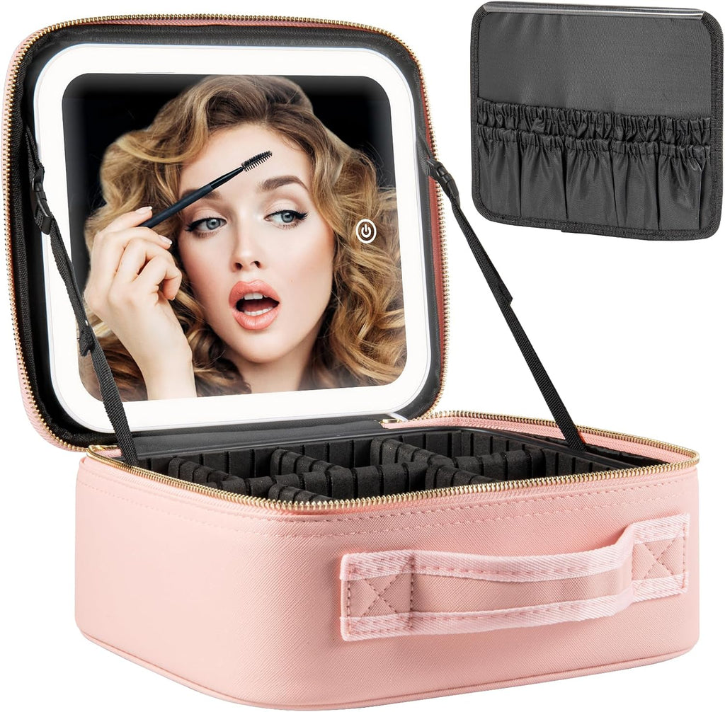 Makeup Travel Train Case with Mirror LED Light 3 Adjustable Brightness Large Cosmetic Bag Portable Storage Adjustable