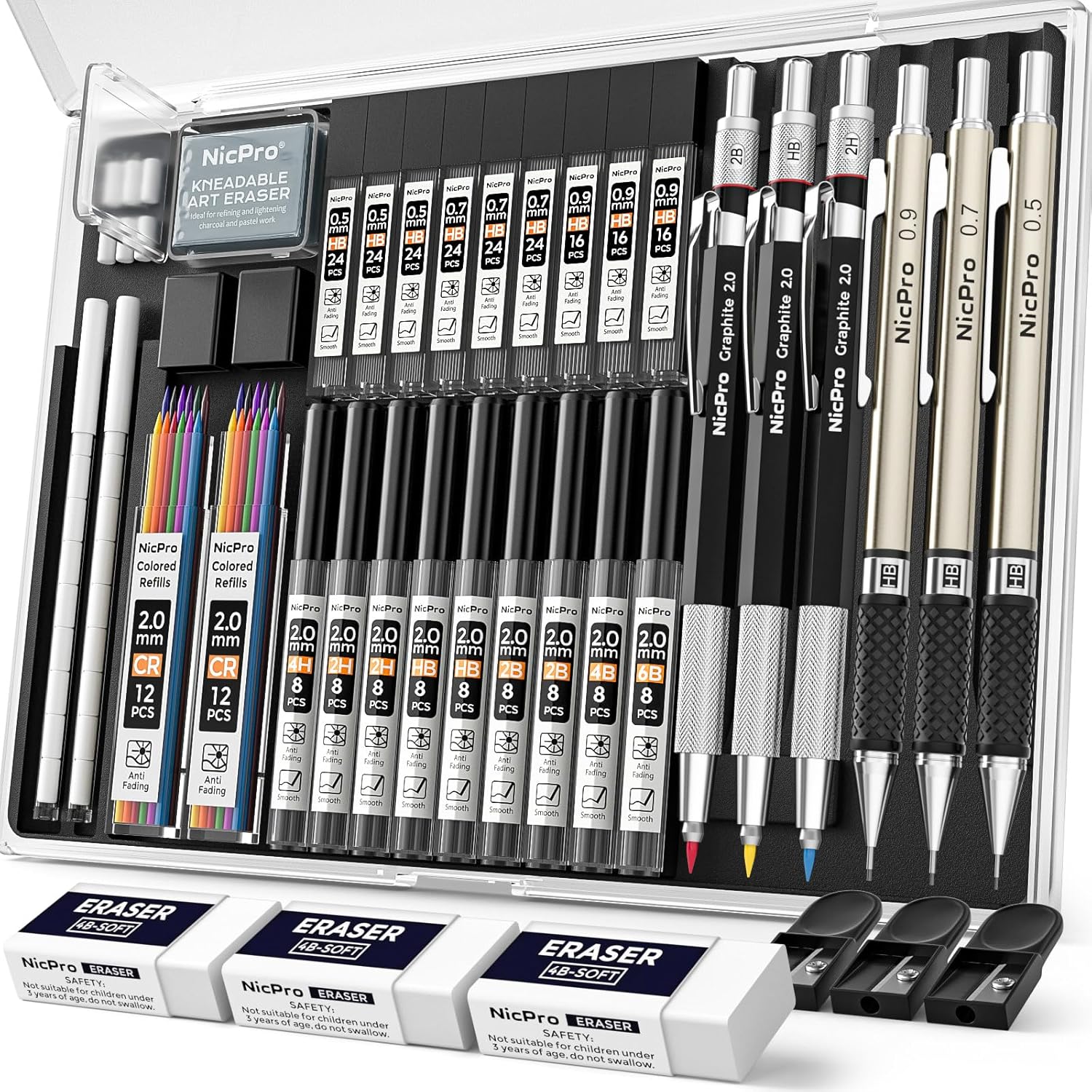 35PCS Art Mechanical Pencil Set, 3 PCS Metal Drafting Pencil 0.5 mm & 0.7 mm & 0.9 mm & 3 PCS 2mm Lead Holder (6B 4B