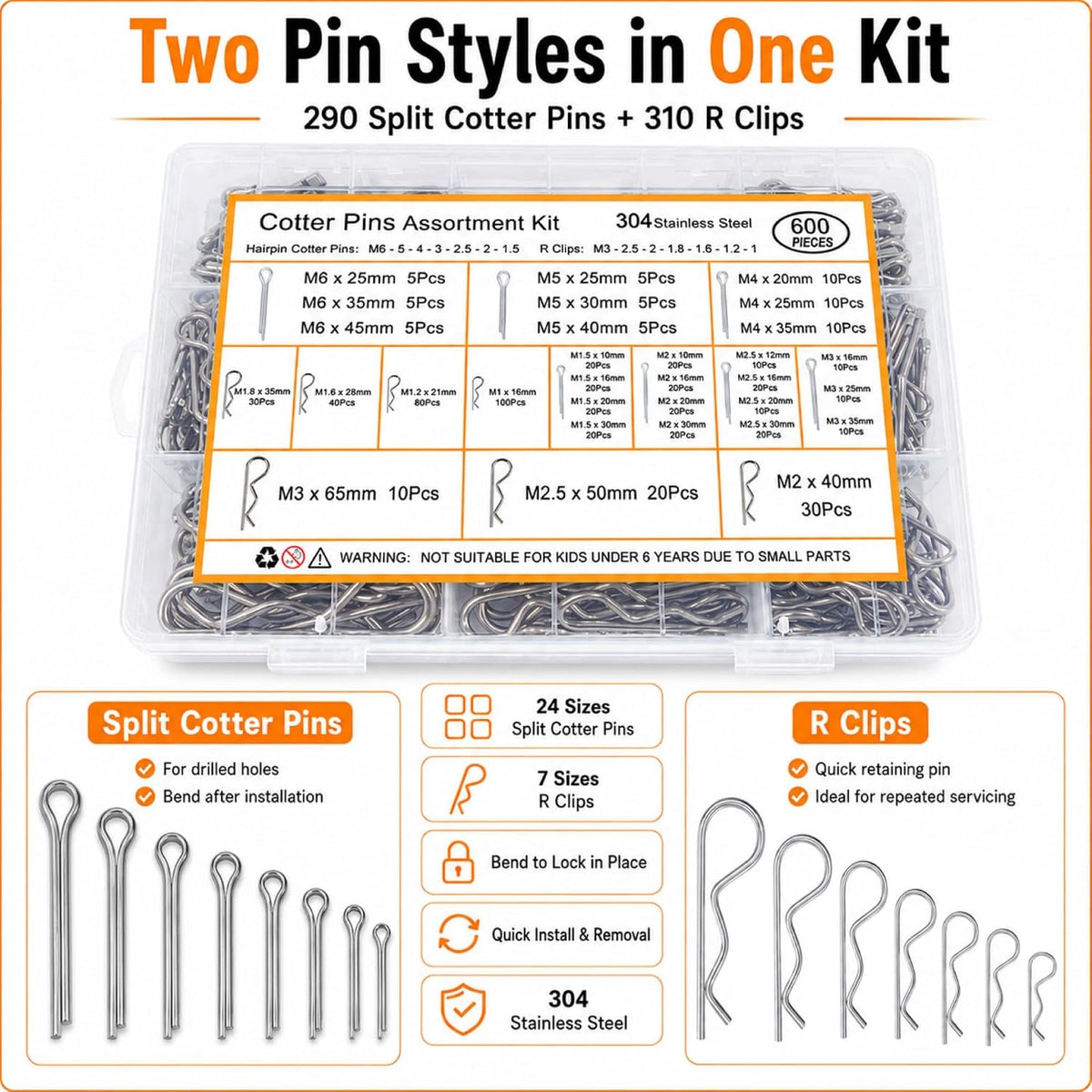 600 Pcs Cotter Pin Assortment Kit 304 Stainless Steel Split Pins & R Clips