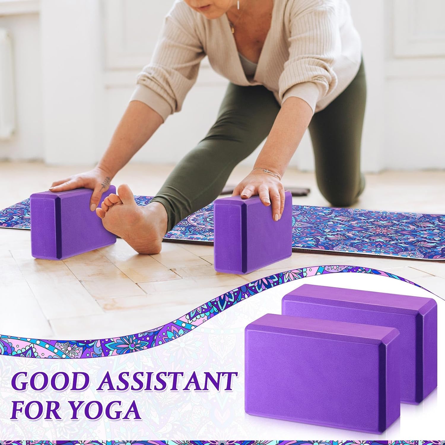 3 Pcs Yoga Mat Yoga Block 6 MM Thick Yogas Mat Non Slip with Carrying Strap Travel Mats for Exercise, Fitness