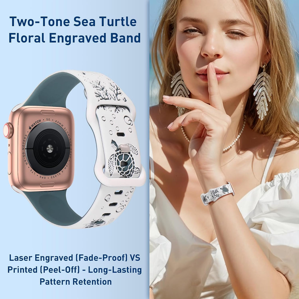 Cute Sea Turtle Engraved Band Compatible with Apple Watch Bands Women Men | Soft Silicone 38mm 40mm 41mm 42mm 44mm