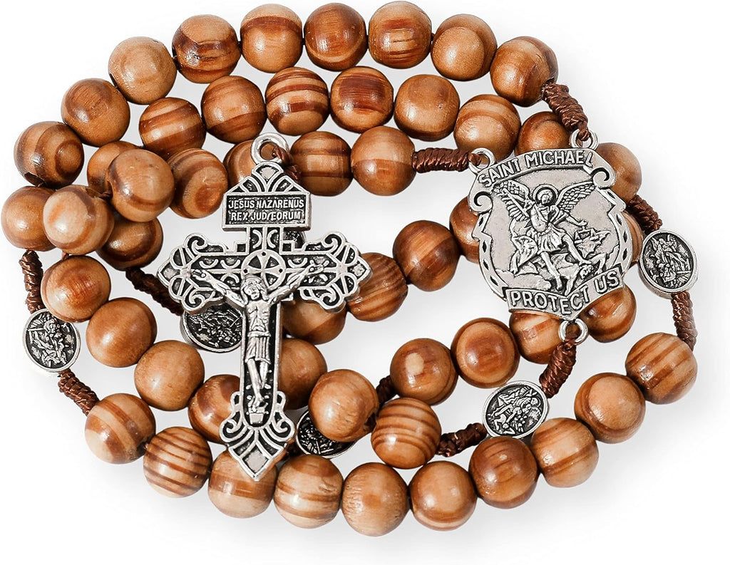 Nazareth Store Sacred St Michael Wood Beads Rosary Solid Wooden Prayer Chaplet with Cross Saint Medal & Silver Pardon