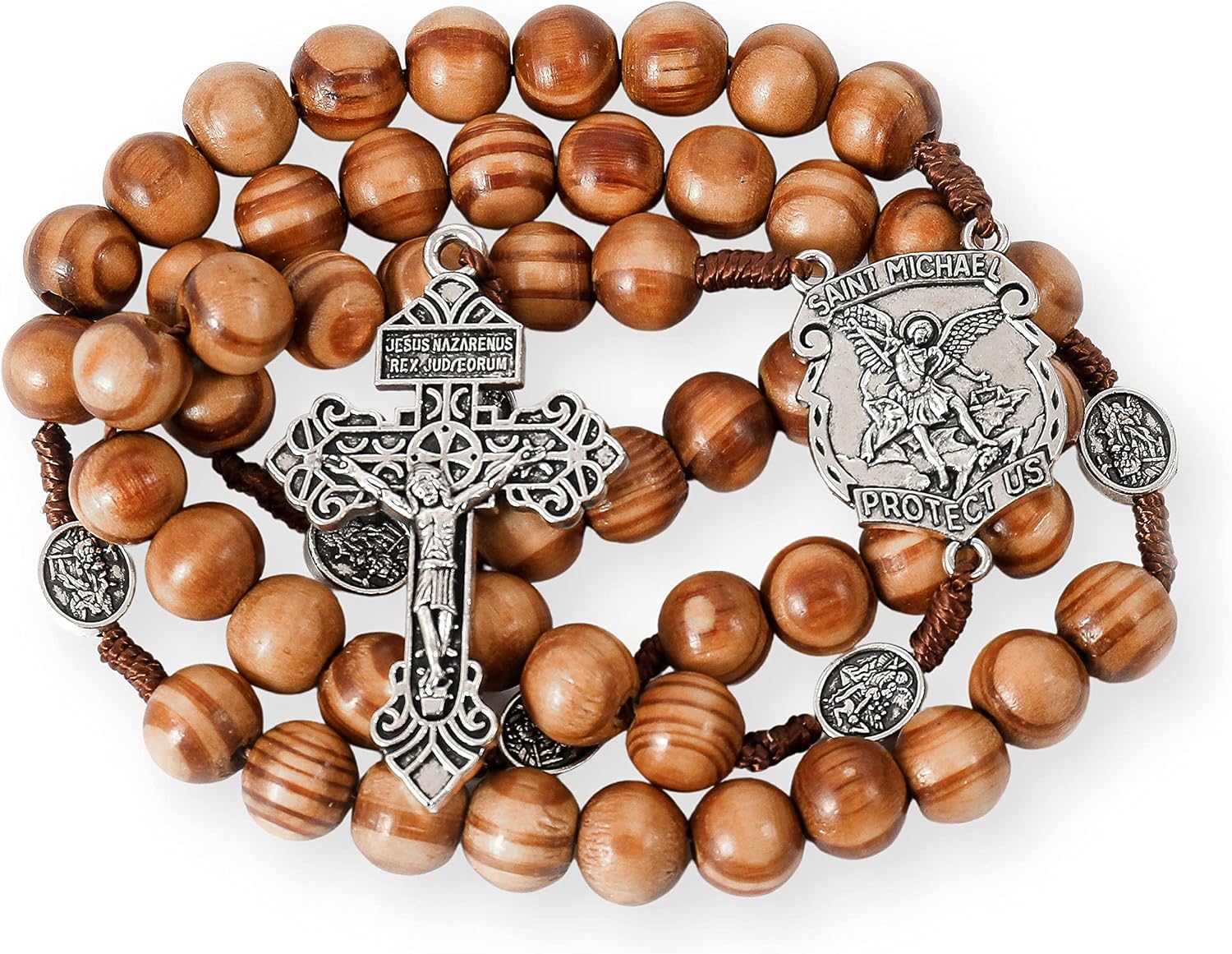 Nazareth Store Sacred St Michael Wood Beads Rosary Solid Wooden Prayer Chaplet with Cross Saint Medal & Silver Pardon