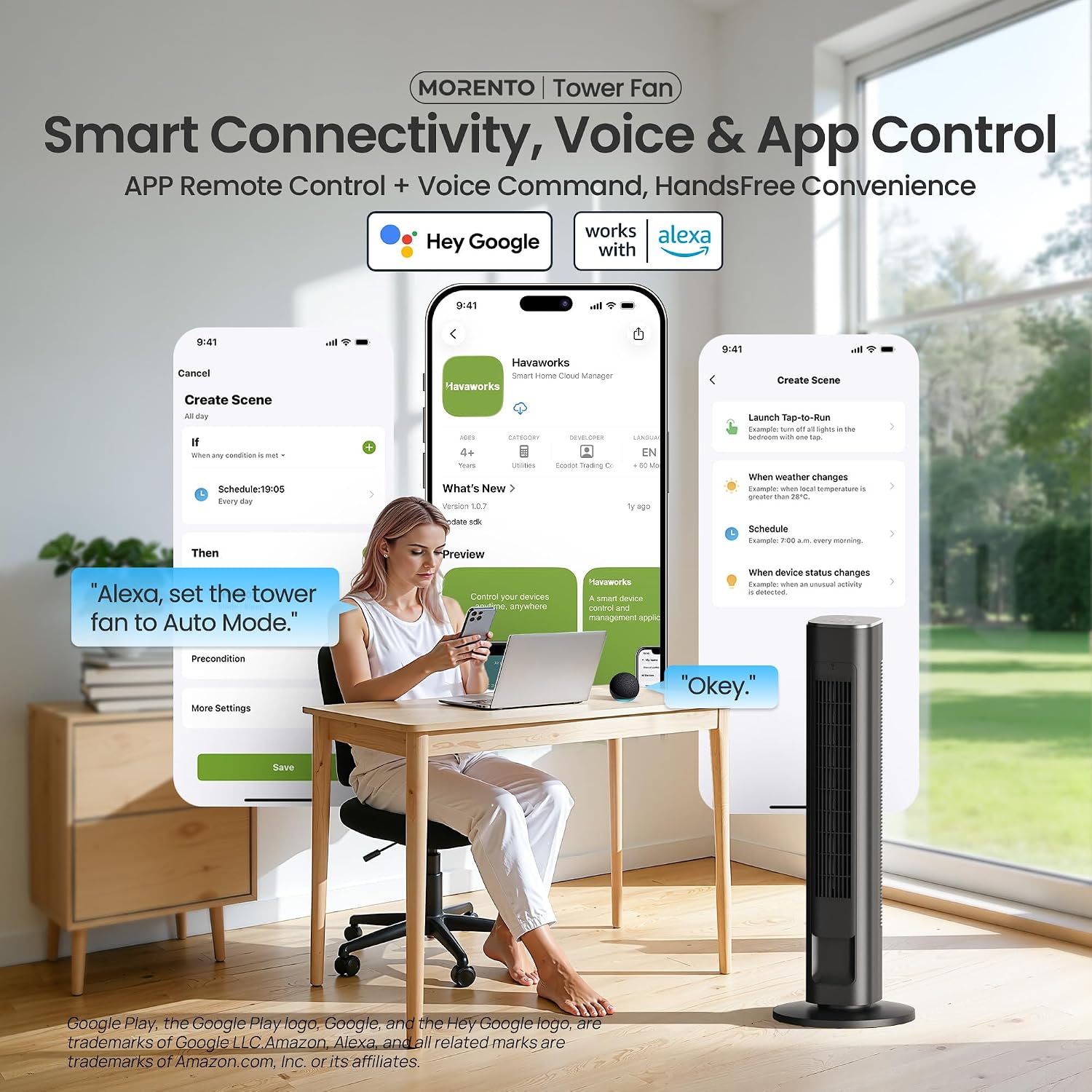 Smart Tower Fan, WiFi, 25dB Quiet, 25ft/s, 4 Modes 4 Speeds, Black | 36" WiFi Standing Fan for Bedroom with Remote