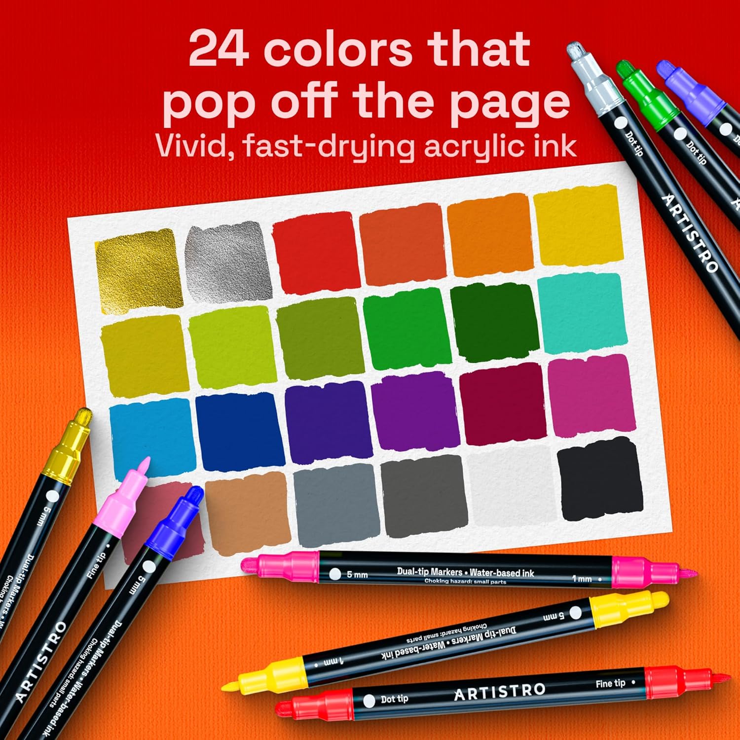 24 Precision Dual-Tip Acrylic Paint Markers – Paint Pens Set with Dot & Fine Tips for Fabric, Rock, Glass, Wood