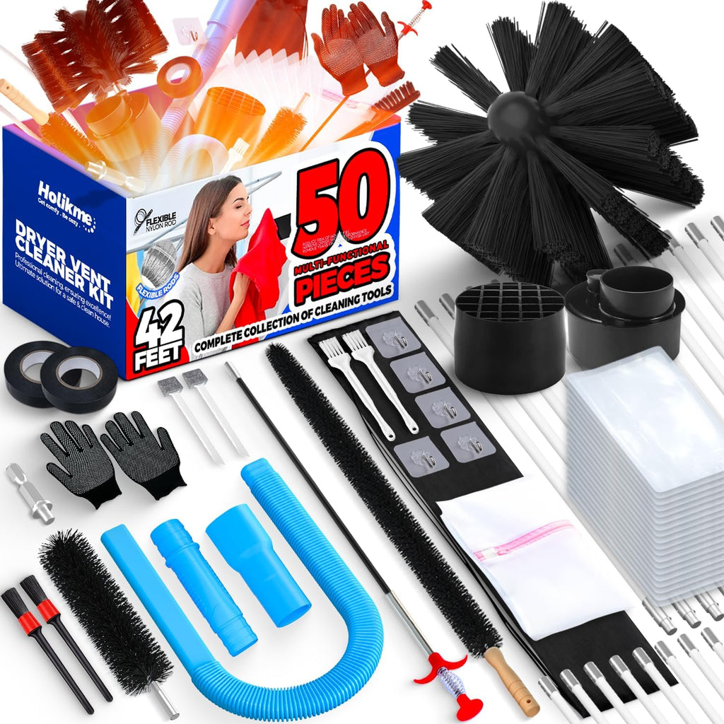 42FT Dryer Vent Cleaner Kit 50Pcs - Lint Remover Brush Vacuum Tools