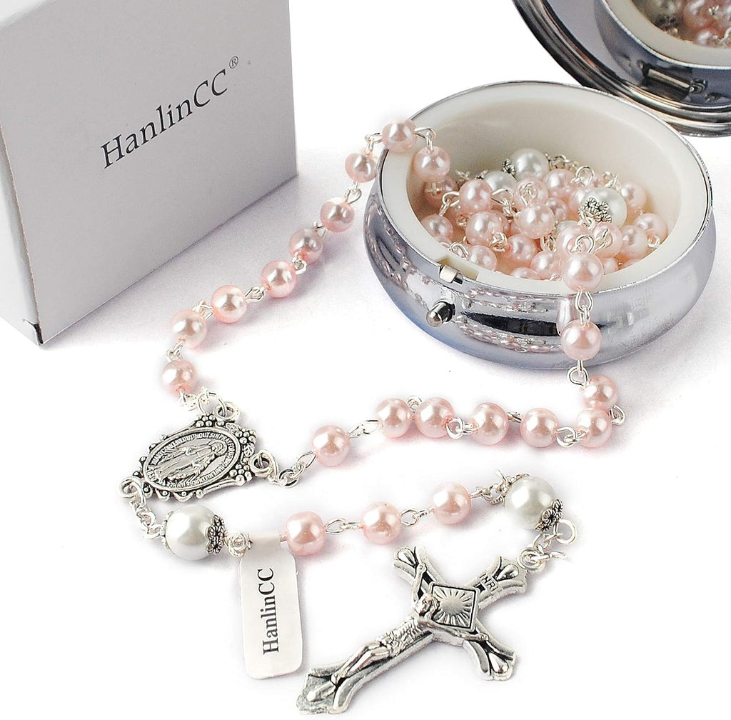 Catholic Miraculous Medal Rosary Glass Pearl Beads with Gift Box