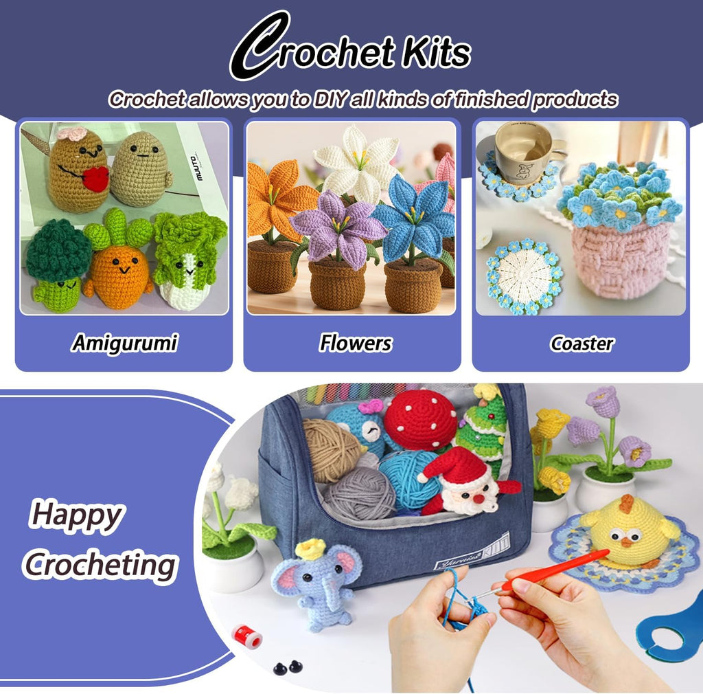 Crochet Kit for Beginners, All in One Crochet Kits with 840 Yards Crochet Yarn, Ergonomic Crochet Hooks Set with Yarn