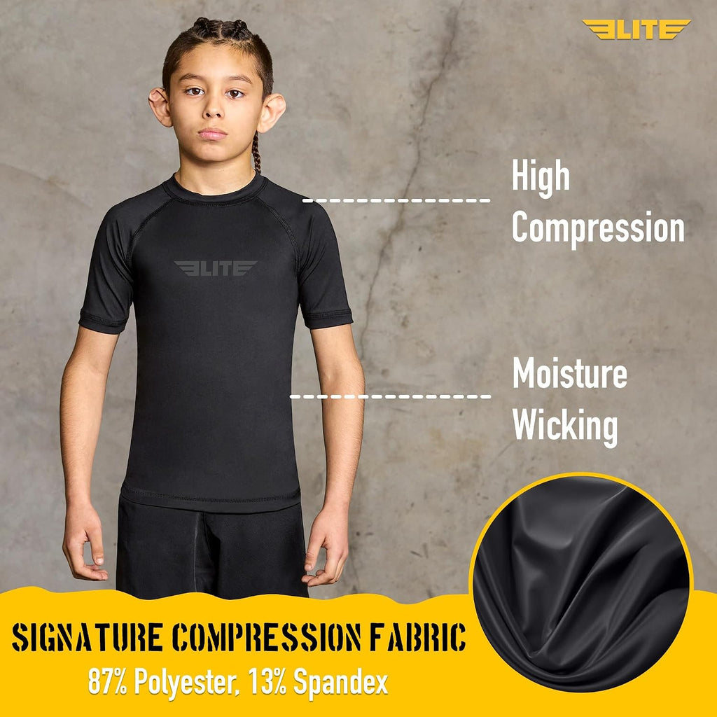 Kids Jiu Jitsu BJJ Rash Guard, Short Half Sleeve Compression Shirt for Youth Boys Girls Sports Nogi Training