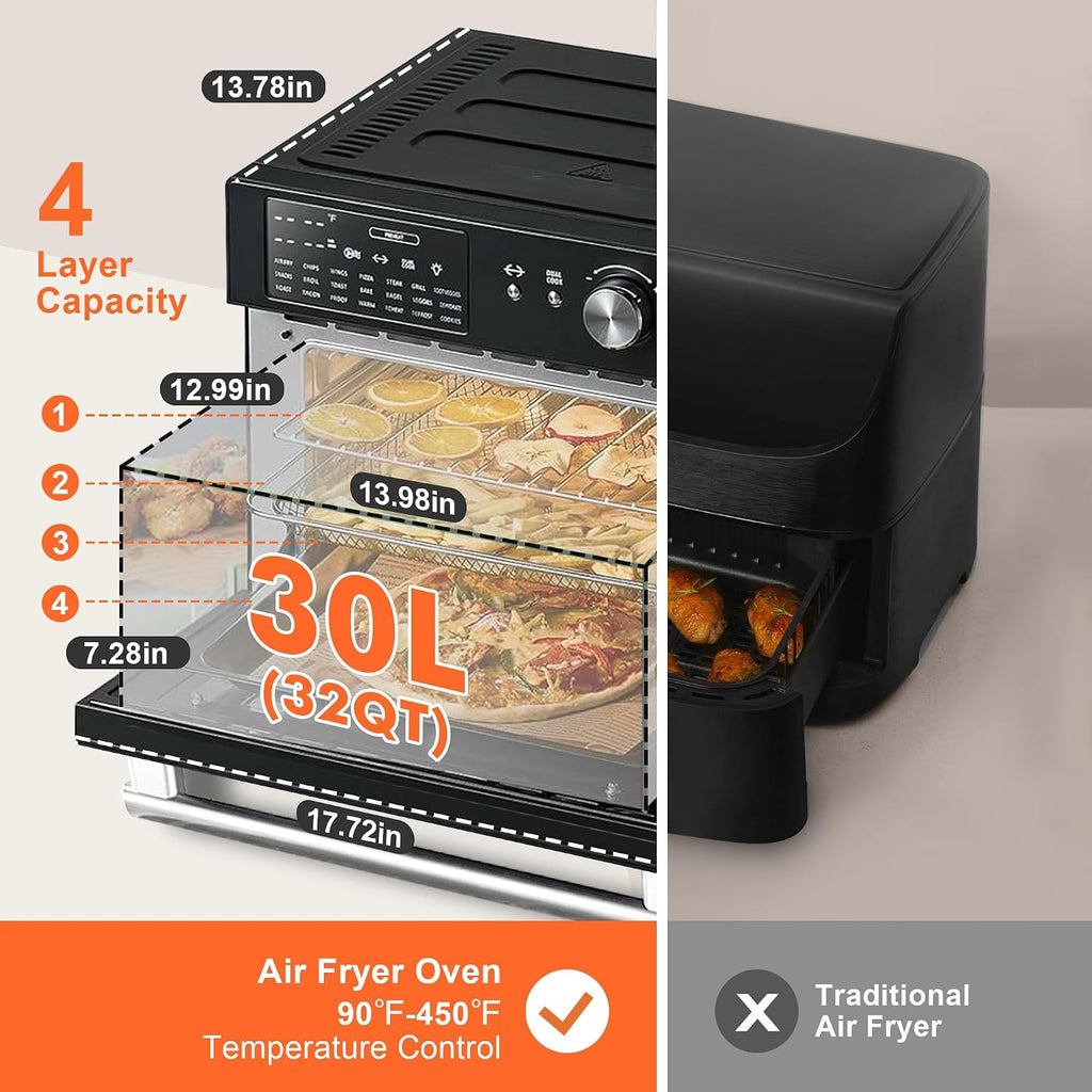 32Qt Extra Large Air Fryer Toaster Oven, 21-in-1 Rotisserie Convection Oven | dual cook，21 preset
