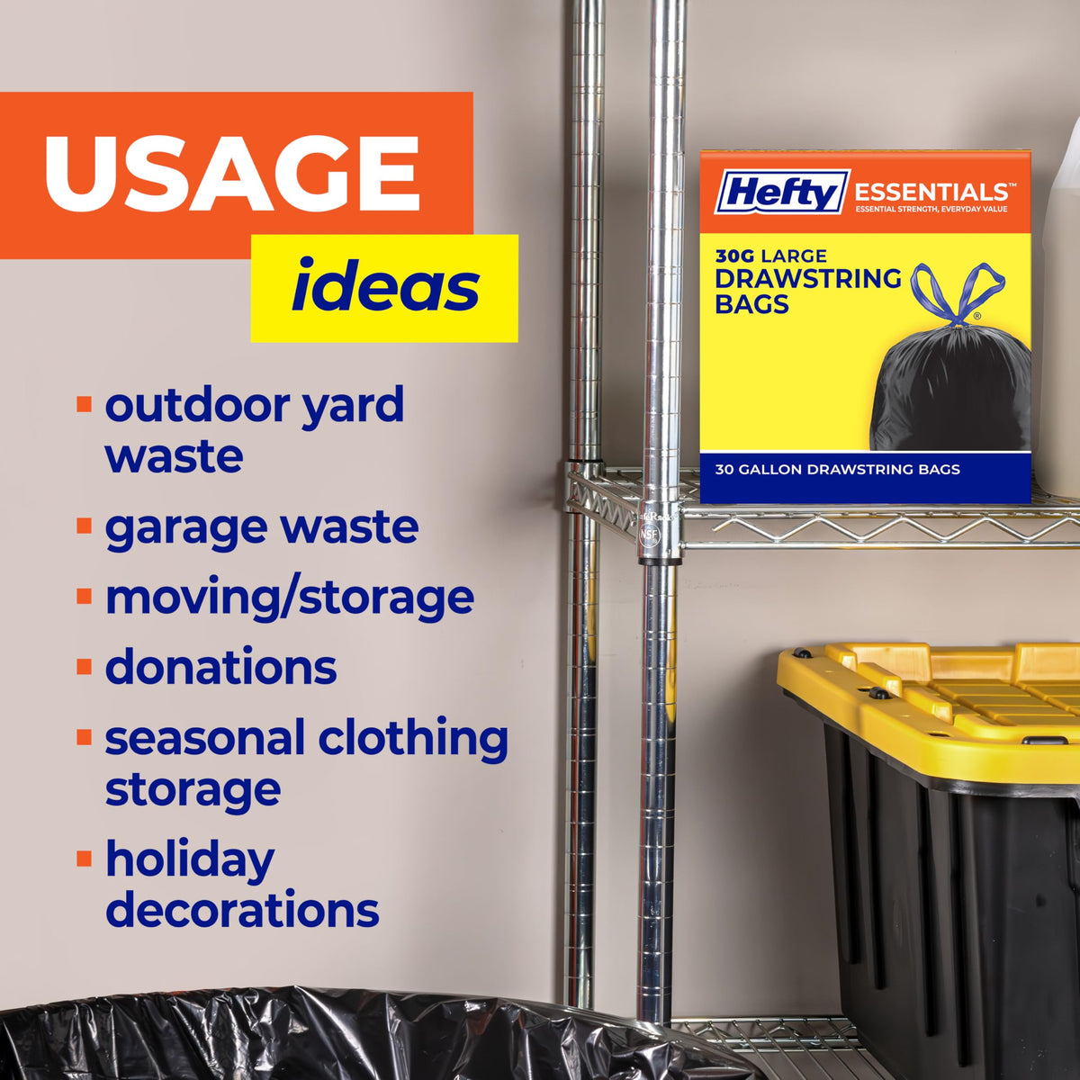 Essentials Extra Large 39 Gallon Trash Bags, Black, Unscented, 40ct