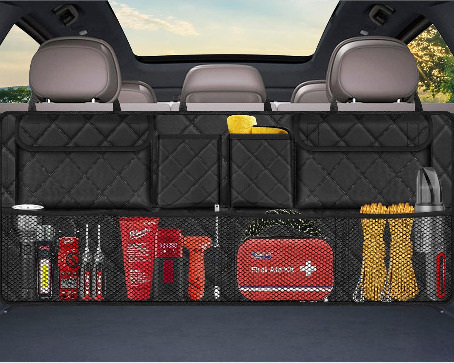 Car Trunk Organizer, Large Capacity Backseat Trunk Organizer (42"*18"), Collapsible Car Storage Bag with 8 Pockets