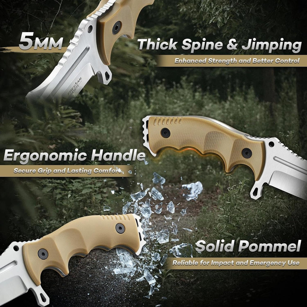 Outdoor Fixed Blade Knife, Full Tang Survival Knife with Sheath | D2 Steel Camping Bushcraft Knife with Ergonomic