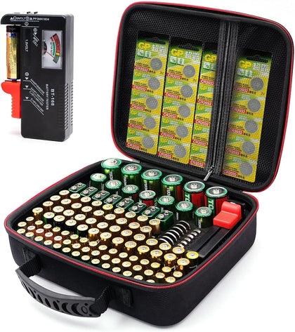 Battery case organizer with Tester (BT168), Battery Storage case Holds 126 Batteries Various Sizes AAA AA C D 9V