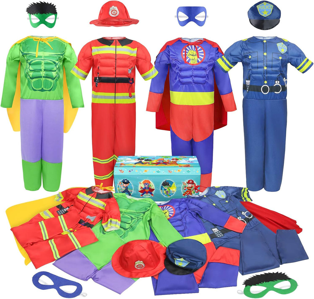 Boys Muscle Chest Dress up Costumes Trunk with Superhero Policeman Costume | Kids Pretend Role Play Costumes Set