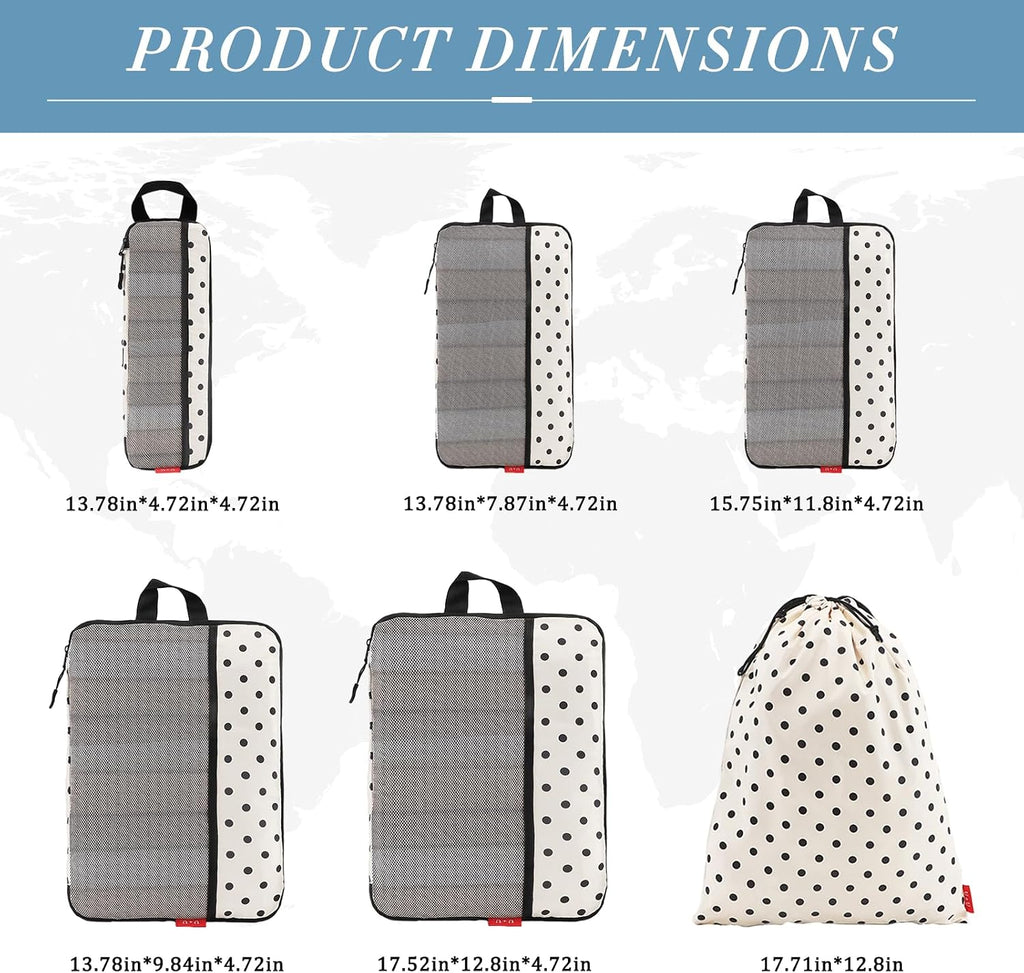 6 Set Compression Packing Cubes, Travel Organizers (Polka Dot) | Space-Saving & Drawstring Bag Included