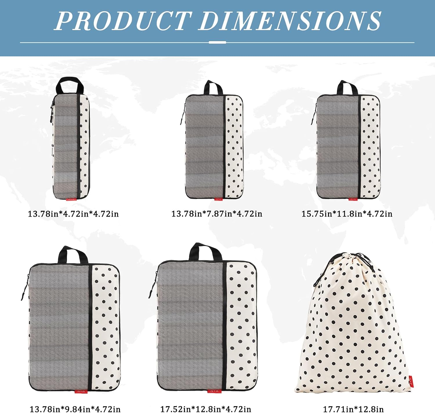 6 Set Compression Packing Cubes, Travel Organizers (Polka Dot) | Space-Saving & Drawstring Bag Included