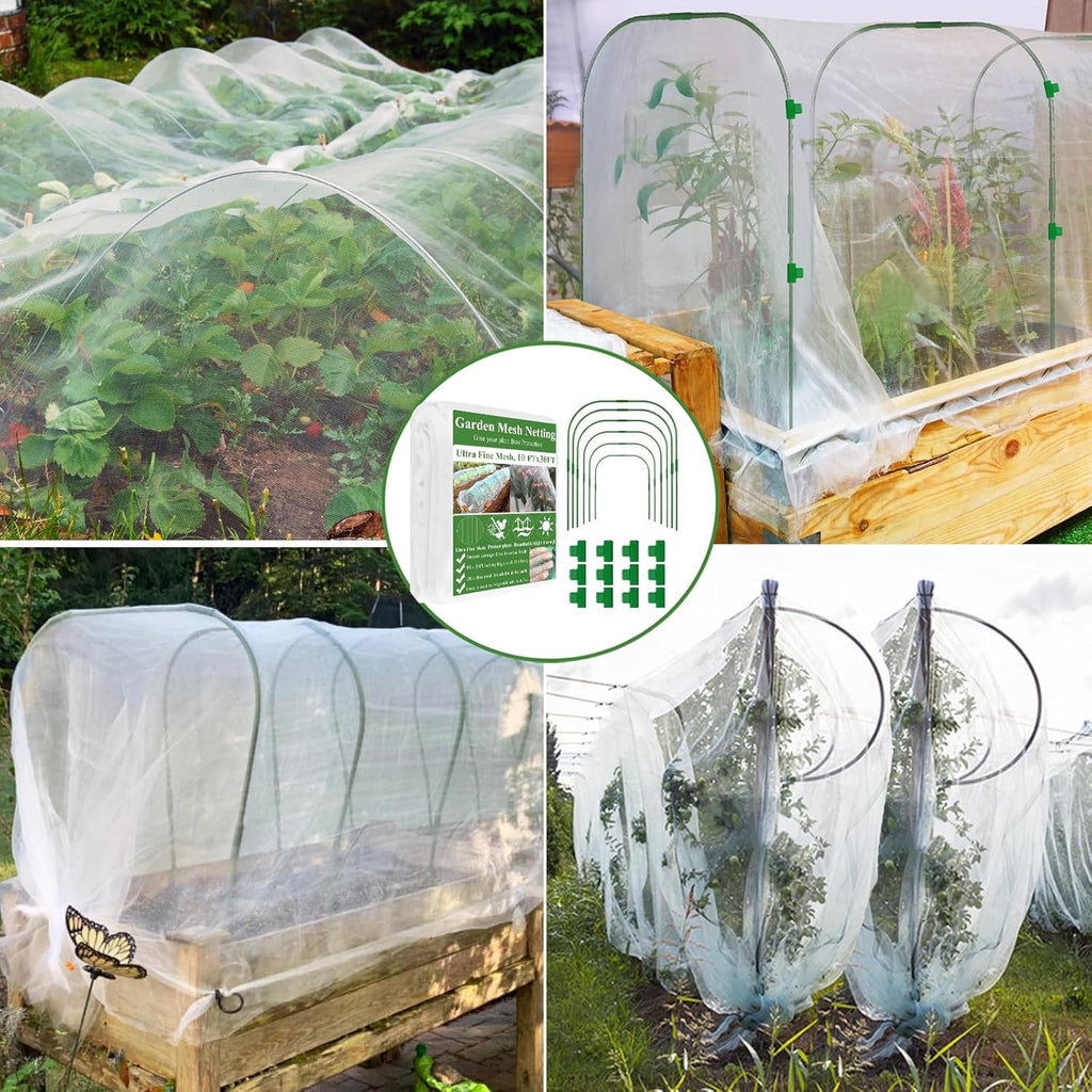 Garden Mesh Netting Kit, 10 * 30FT Ultra Fine Netting Plant Covers with 6 Pcs Wide Garden Hoops & 18 Clip, Garden