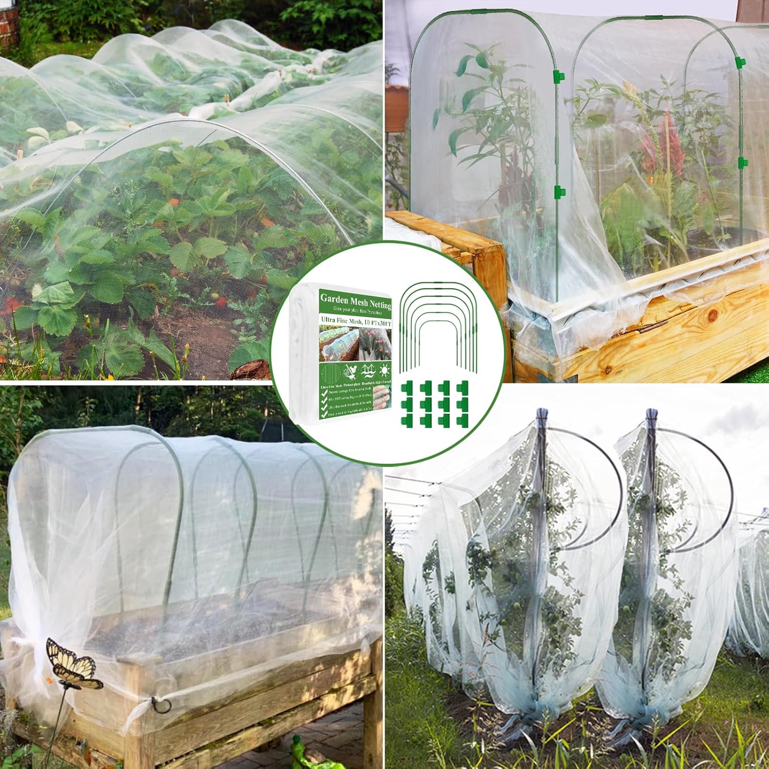 Garden Mesh Netting Kit, 10 * 30FT Ultra Fine Netting Plant Covers with 6 Pcs Wide Garden Hoops & 18 Clip, Garden