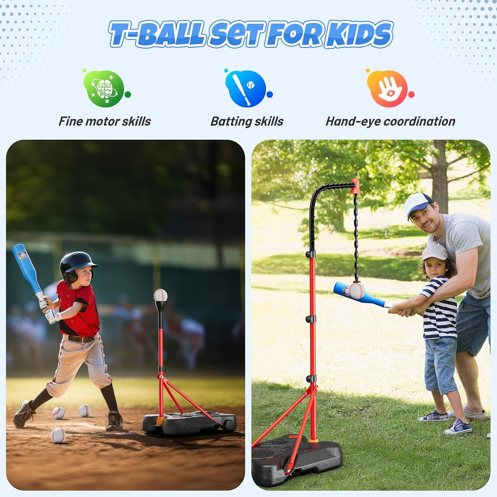 2 in 1 Kids Basketball Hoop and T Ball Set | Adjustable Basketball Stand,Hanging Tee Baseball for Toddlers Boys Girls